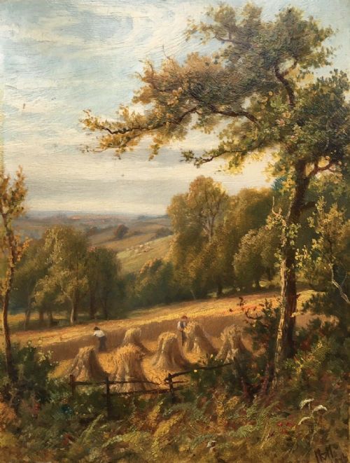 fig 1. HENRY MAIDMENT Original Monogrammed Dated 1892 Antique English Oil Painting on Wood Panel Figures & Hay Stack Landscape