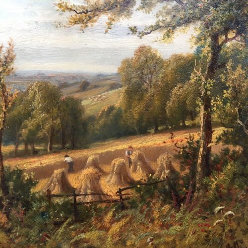 fig 3. HENRY MAIDMENT Original Monogrammed Dated 1892 Antique English Oil Painting on Wood Panel Figures & Hay Stack Landscape