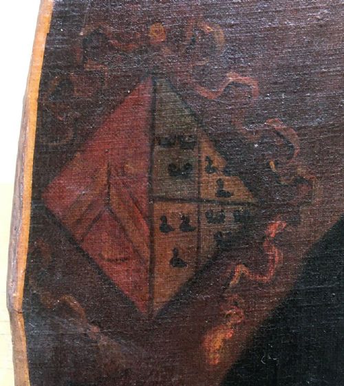 fig 1. Original Early 17th Century Antique Oval Oil Painting on Canvas Portrait with Coat of Arms