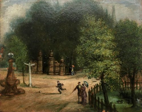 Gate of God's Gift Church, Dulwich, London, Original 19th Century English Antique 1884 Oil Painting