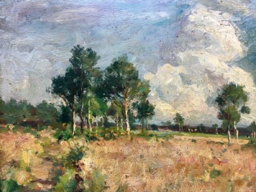 Albert Sirtaine, Verviers, Belgium Original Antique Oil Painting on Wood Panel Meadow & Tree Landscape