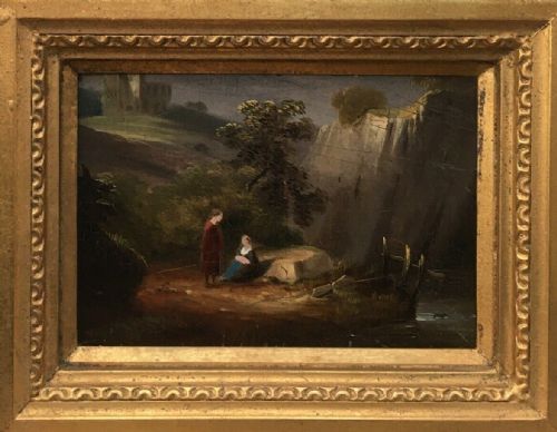 Original Early 19th Century Antique Oil Painting on Wood Panel Figures & Castle Landscape
