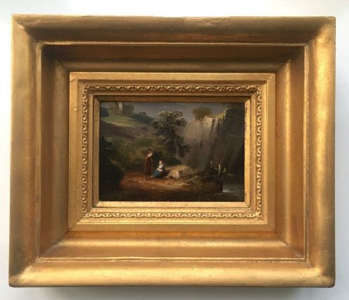 fig 1. Original Early 19th Century Antique Oil Painting on Wood Panel Figures & Castle Landscape