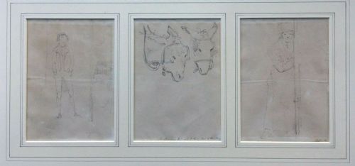 A Triptych of Original English Antique Pencil & Wash Drawings of Figures & Donkey Studies Mounted & Framed