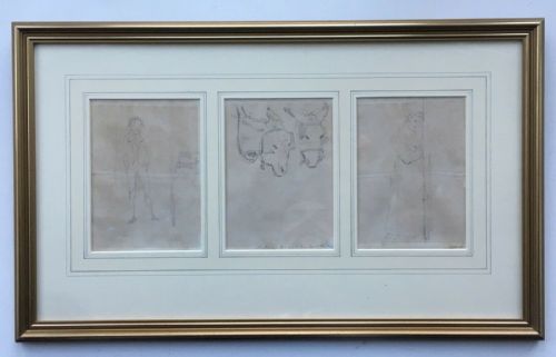 fig 1. A Triptych of Original English Antique Pencil & Wash Drawings of Figures & Donkey Studies Mounted & Framed