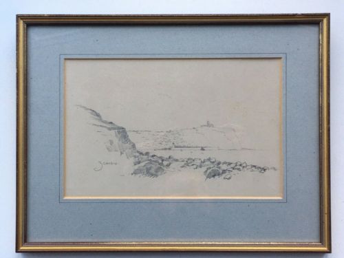 Scarborough from South Bay Original Antique Pencil Drawing Sketch Study
