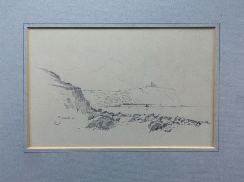 fig 1. Scarborough from South Bay Original Antique Pencil Drawing Sketch Study