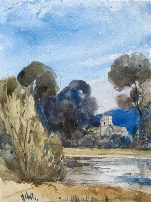 John Coke Smyth (1807-82) Original Antique Watercolour Painting Goodrich Herefordshire River & Church Landscape