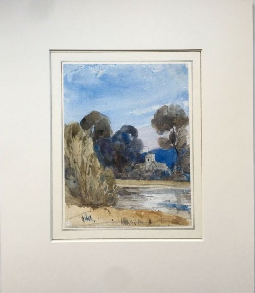 fig 1. John Coke Smyth (1807-82) Original Antique Watercolour Painting Goodrich Herefordshire River & Church Landscape