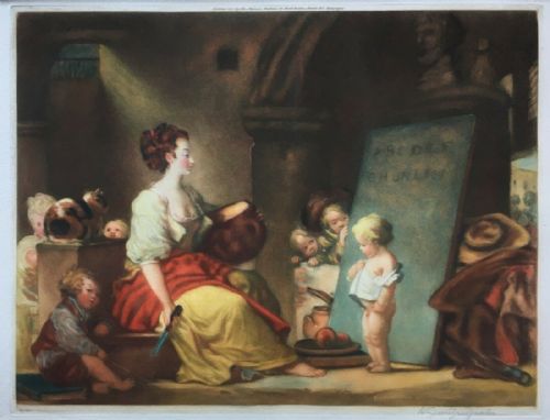 Henry Scott Bridgewater Pencil Signed Mezzotint, School Mistress After Fragonard