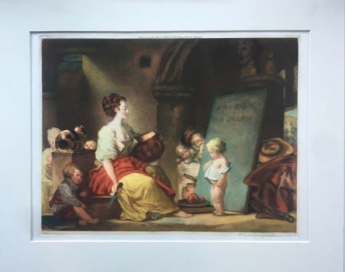 fig 1. Henry Scott Bridgewater Pencil Signed Mezzotint, School Mistress after Fragonard