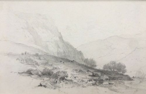 Original Antique Pencil Drawing Sketch Study Distant Cattle & Mountain Landscape Scene
