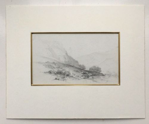 fig 1. Original Antique Pencil Drawing Sketch Study Distant Cattle & Mountain Landscape Scene