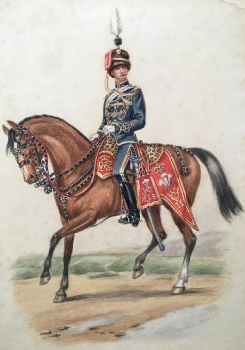 Dated 1889 Antique Original C19th Watercolour Painting Portrait of British Cavalry Hussars