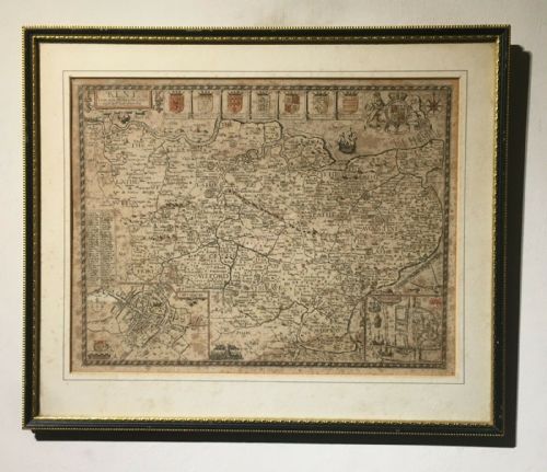 Antique Map of Kent, England "With Her Cities & Earls Described & Observed" in Hogarth Frame