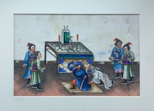 fig 1. Original Antique Chinese Pith Paper Painting Intricate Figures in Interior Scene