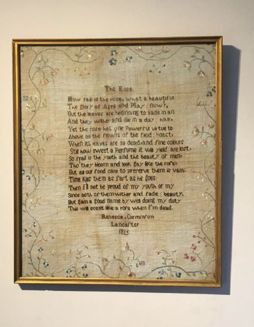 19th Century Original Antique Embroidery Tapestry Sampler "The Rose" Signed Rebecca Cleminson Lancaster 1815