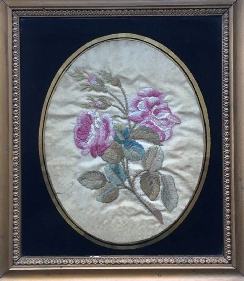 Antique Victorian Silk Work Rose Flower Embroidery. Framed