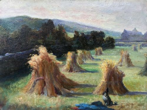 Original English Antique Oil Painting on Board Hay Stack Harvest Countryside Landscape