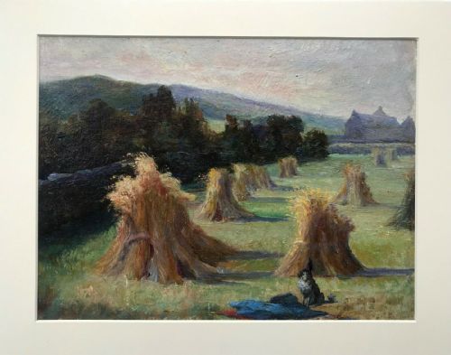 fig 1. Original English Antique Oil Painting on Board Hay Stack Harvest Countryside Landscape