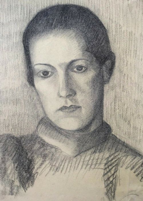 J (Jean) Betourne (French) Signed Original 1935 Charcoal Pencil Drawing, Female Head & Shoulders Portrait Study