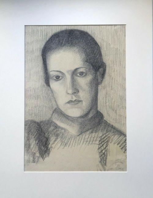 fig 1. J (Jean) Betourne (French) Signed Original 1935 Charcoal pencil Drawing, Female Head & Shoulders Portrait Study