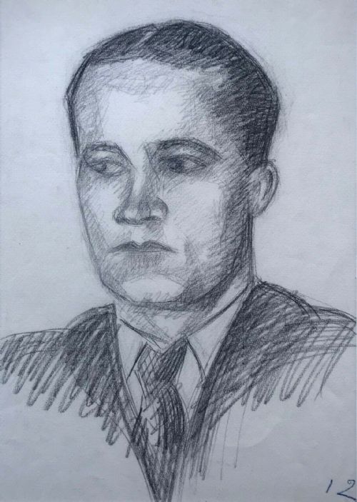 J (Jean) Betourne (French) Signed Original 1936 Charcoal Drawing, Male Head & Shoulders Portrait Study