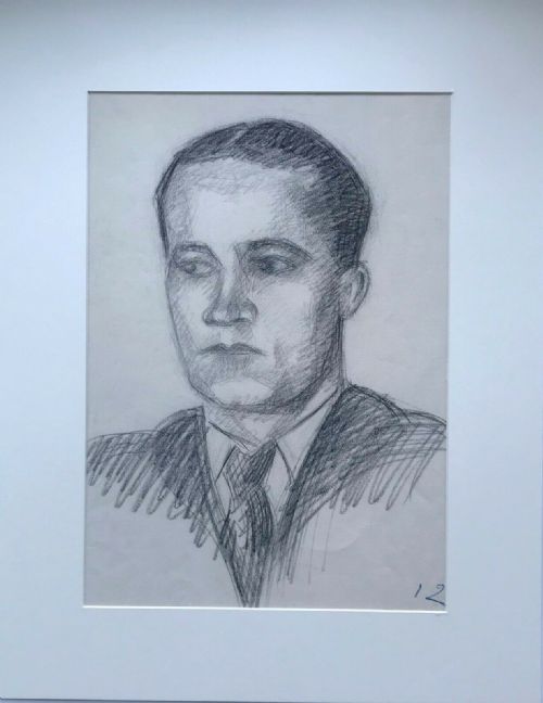 fig 1. J (Jean) Betourne (French) Signed Original 1936 Charcoal Drawing, Male head & Shoulders Portrait Study