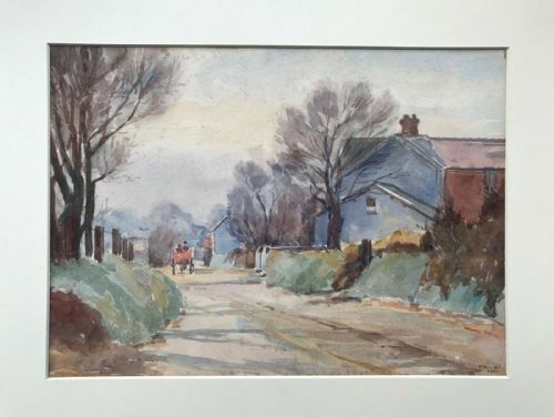 fig 1. Signed P Arnold 1922 Original Antique English Watercolour Painting Cottage & Country Lane Landscape