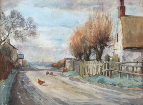 Signed P Arnold 1922 Vintage Original Watercolour Painting English Cottage & Hens Landscape