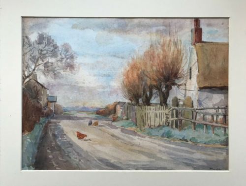 fig 1. Signed P Arnold 1922 Vintage Original Watercolour Painting English Cottage & Hens Landscape