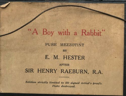 fig 1. EM Hester after Sir Henry Raeburn Pencil Signed Original Antique Mezzotint 'A Boy with a Rabbit'