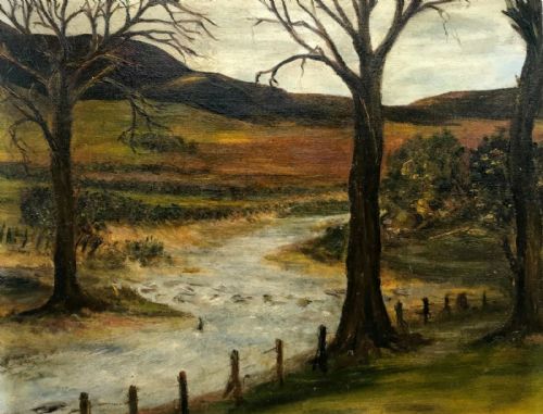 Original Mid 20th Century Vintage Oil Painting on Board River Tree Country Landscape