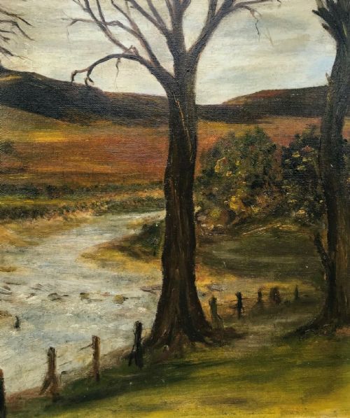 fig 1. Original Mid 20th Century Vintage Oil Painting on Board River Tree Country Landscape