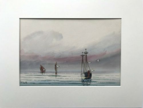 Signed a Hulk Original Antique Watercolour Painting Fishing Seascape South Coast