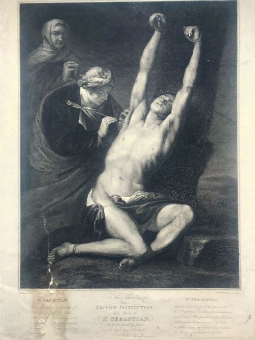 fig 1. Martyrdom of Saint Sebastian Antique Early 19th Century Engraving by j Vendramini after Ribeira