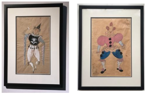 2 X British School Signed Original Early 20th Century Vintage Clown Costume Design Watercolour Paintings with Cheyne Chelsea Artist Address Verso