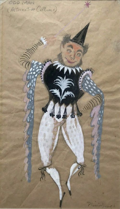 fig 1. 2 x British School Signed Original Early 20th Century Vintage Clown Costume Design Watercolour Paintings with Cheyne Chelsea Artist Address Verso