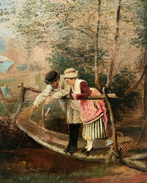 Original Antique Oil Painting on Wood Panel Figures Standing on a Bridge Landscape