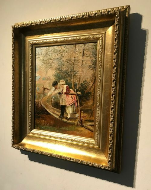 fig 1. Original Antique Oil Painting on Wood Panel Figures Standing on a Bridge landscape