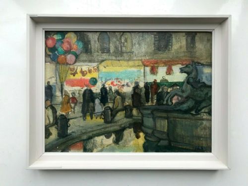 Signed Original Vintage Oil Painting Piazza Navona Rome Italy Fountain & Figures