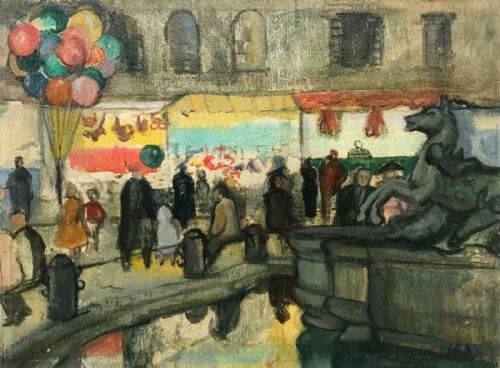 fig 1. Signed Original Vintage Oil Painting Piazza Navona Rome Italy Fountain & Figures