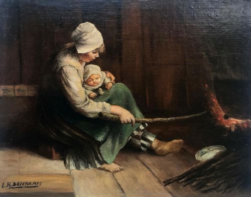 Signed L H Deschamps Original Antique Oil on Wood Painting Interior Figure Scene