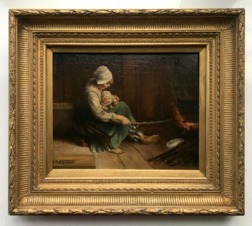 fig 1. Signed L H Deschamps Original Antique Oil on Wood Painting Interior Figure Scene