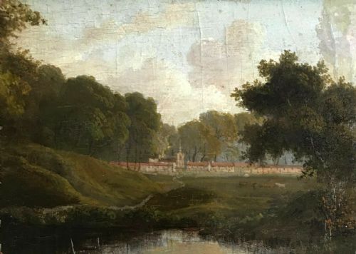 Original Early 19th Century Antique Oil Painting on Wood Panel Cattle & Village Landscape