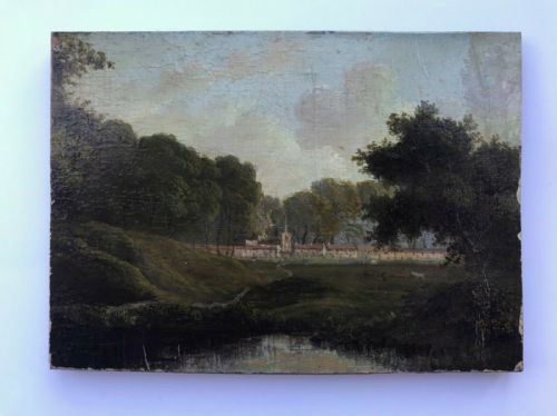 fig 1. Original Early 19th Century Antique Oil Painting on Wood Panel Cattle & Village Landscape