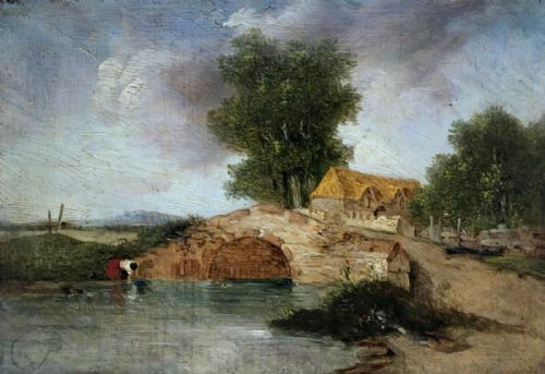 Original 19th Century Antique Oil Painting Wood Panel Figure & Bridge Landscape