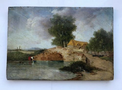 fig 1. Original 19th Century Antique Oil Painting Wood Panel Figure & Bridge Landscape