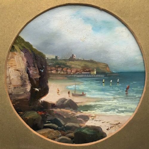 Walter Linsley Meegan Signed Original Anitique Oil Painting on Board Scarborough View from White Nab, Yorkshire Coast Seascape
