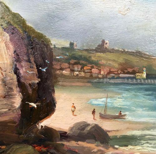 fig 1. Walter Linsley Meegan Signed Original Anitique Oil Painting on Board Scarborough View from White Nab, Yorkshire Coast Seascape